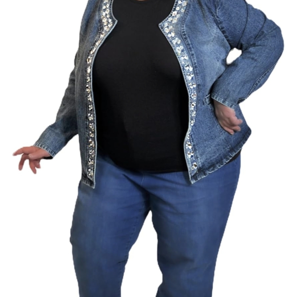 Women's denim jacket, Kiss front, Hand beaded with Heartseal Rhinestones